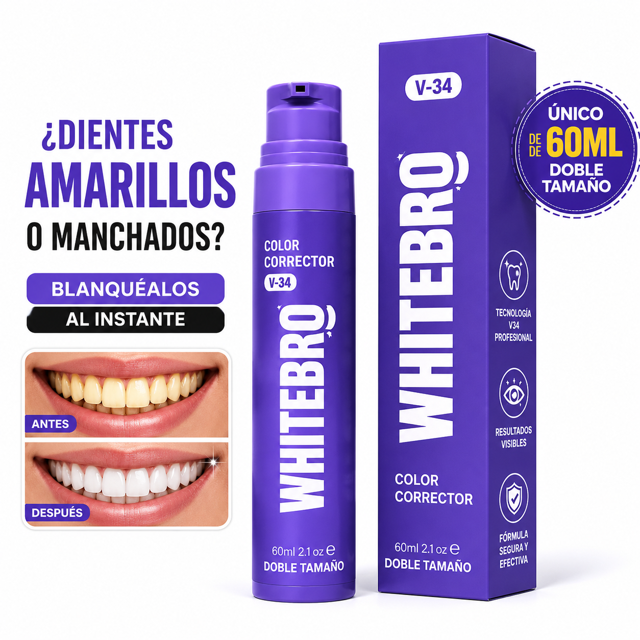 Blanqueador Dental V34 Whitebro – Neutralizador de Amarillo Instantáneo. 60ML