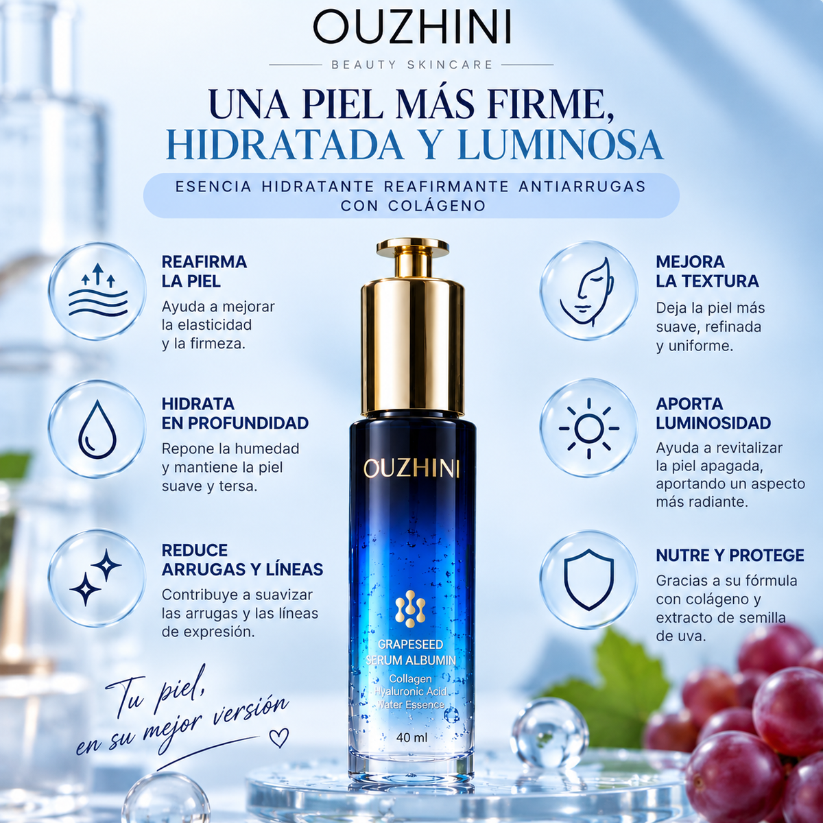 Esencia hidratante reafirmante antiarrugas con colágeno 40ml. ouzhini