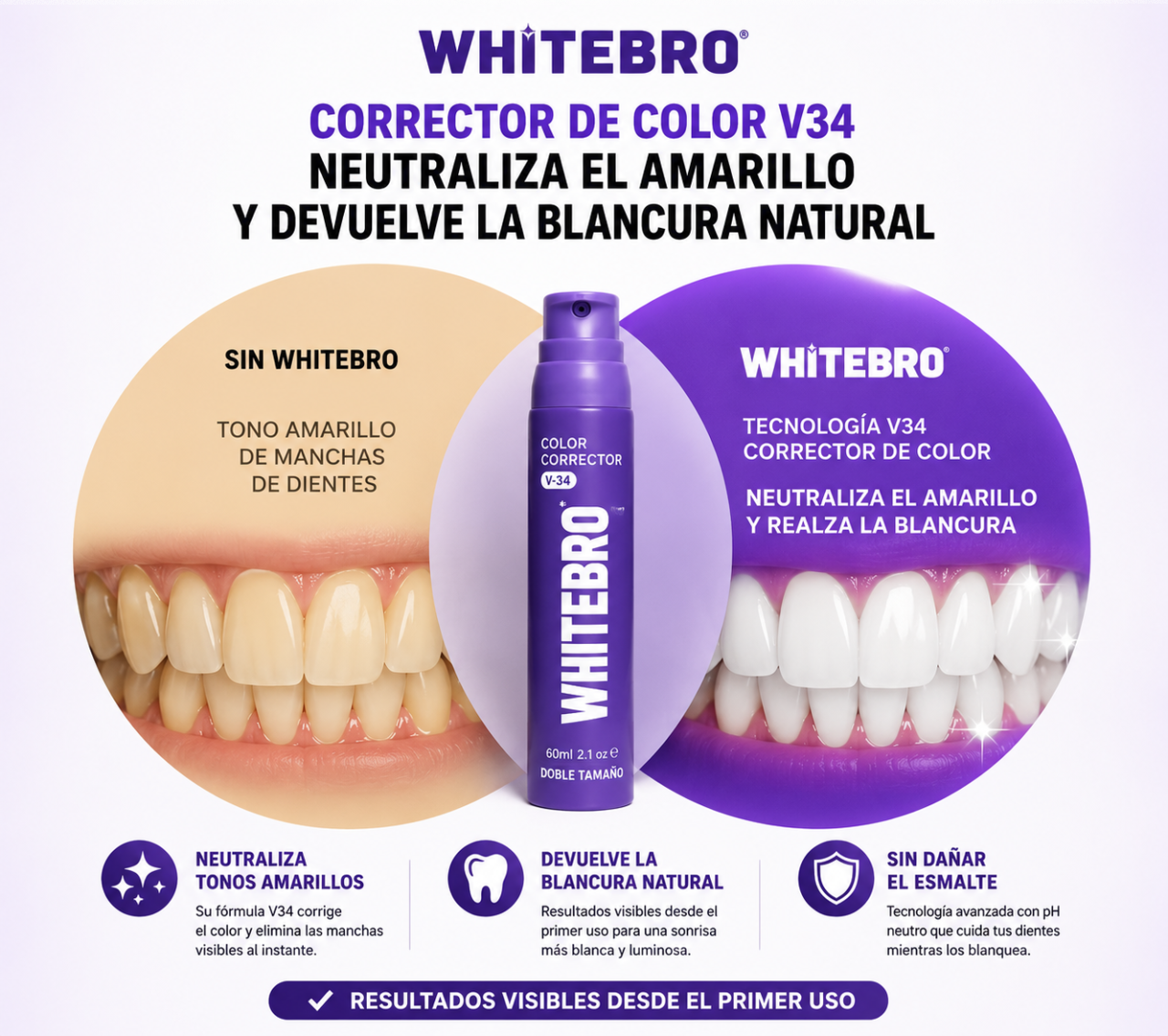 Blanqueador Dental V34 Whitebro – Neutralizador de Amarillo Instantáneo. 60ML
