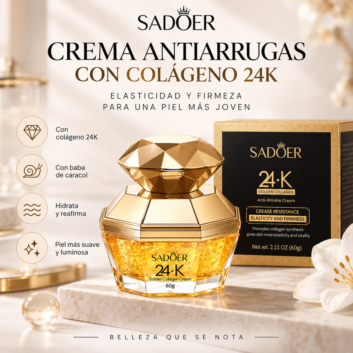 CREMA ANTIARRUGAS CON COLAGENO 24K. ELASTICIDAD Y FIRMEZA 60GR. SADOER