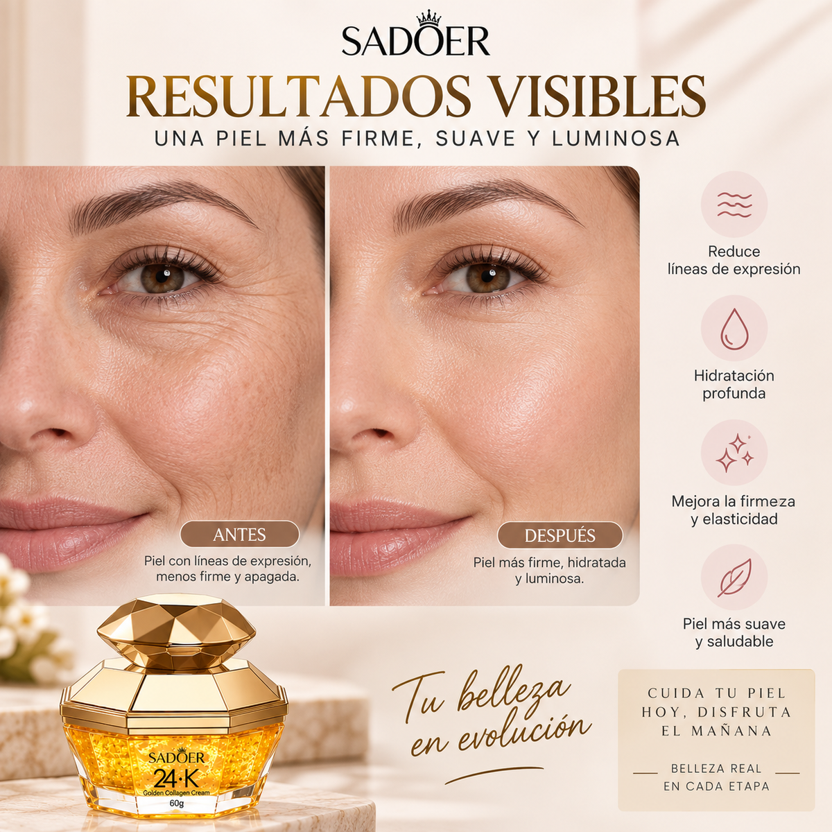 CREMA ANTIARRUGAS CON COLAGENO 24K. ELASTICIDAD Y FIRMEZA 60GR. SADOER