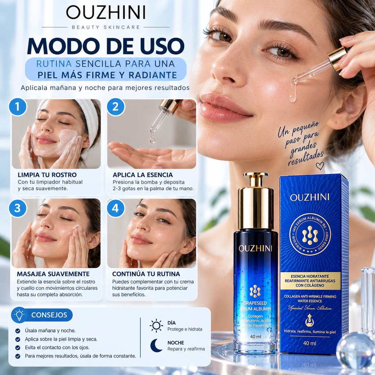 Esencia hidratante reafirmante antiarrugas con colágeno 40ml. ouzhini