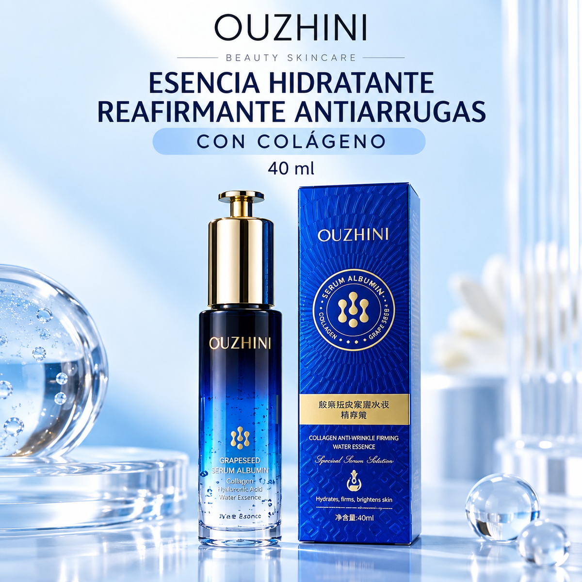 Esencia hidratante reafirmante antiarrugas con colágeno 40ml. ouzhini